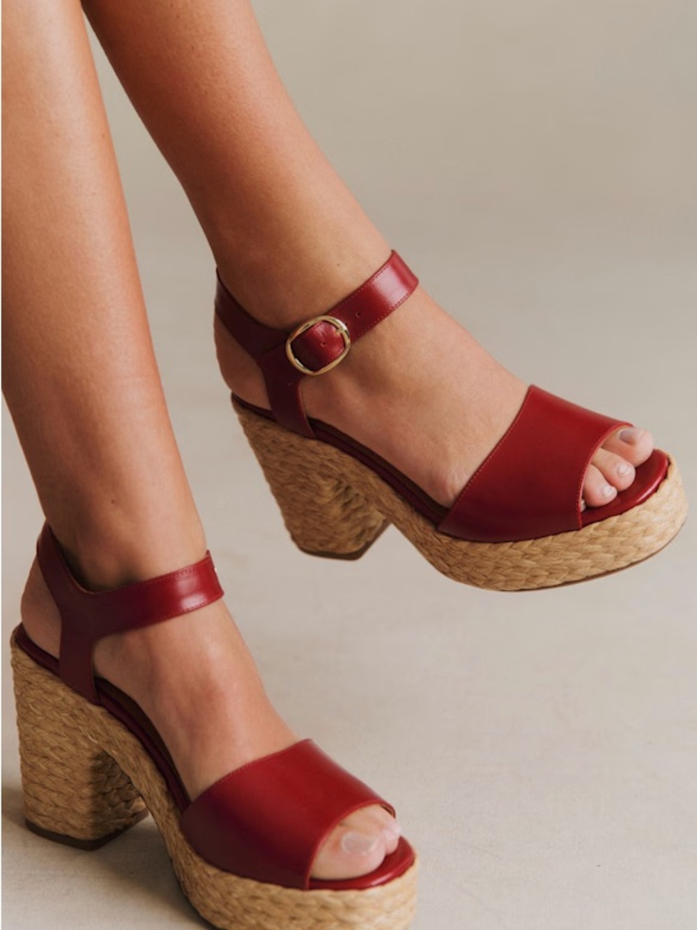 Sezane Dorothee Red Leather Platform Espadrille Sandals